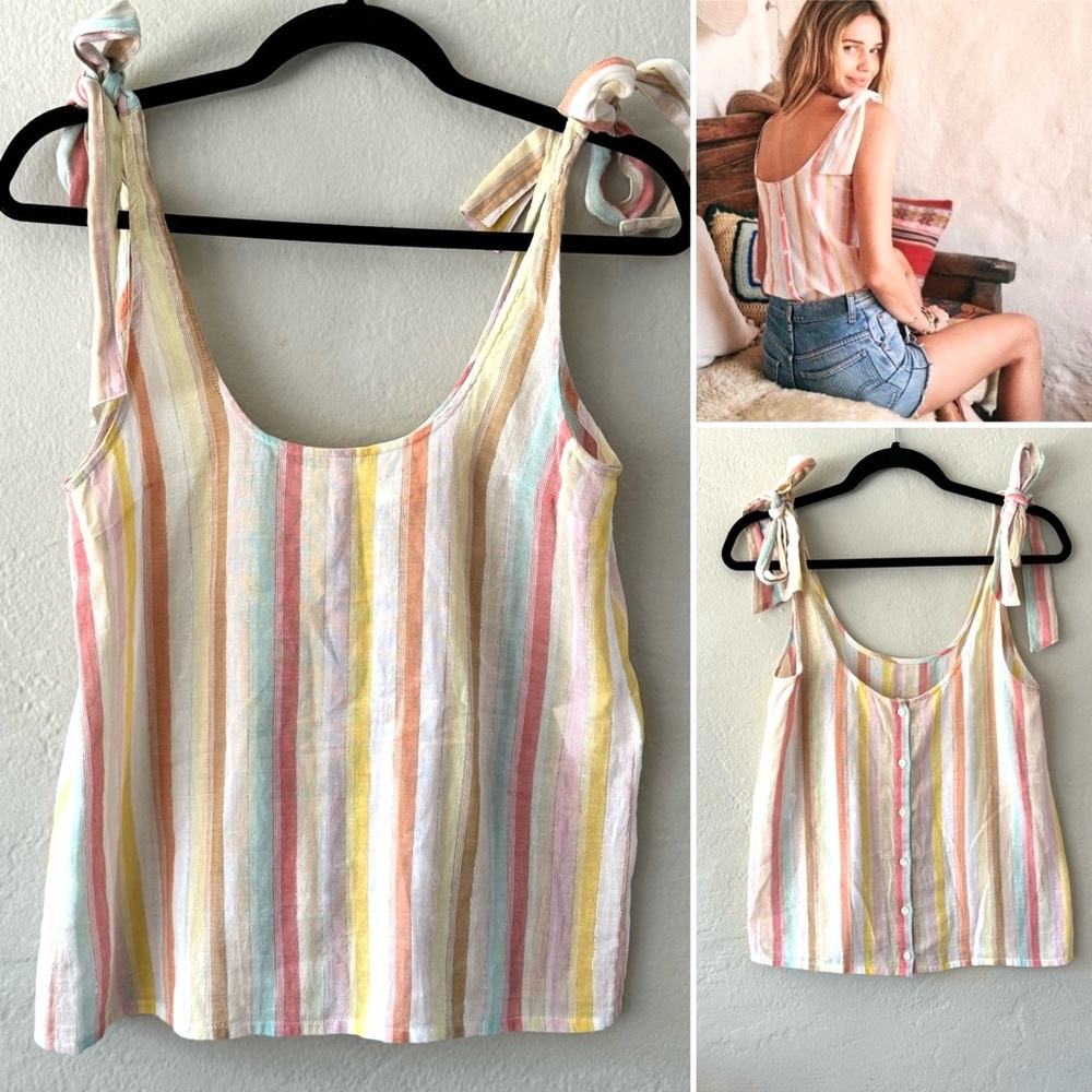 Sezane Pastel Striped Tie-Shoulder Tank Top